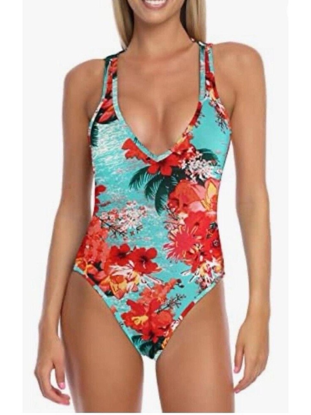 Relleciga Floral V-Neck One-Piece Swimsuit - Turquoise & Red Small High Cut